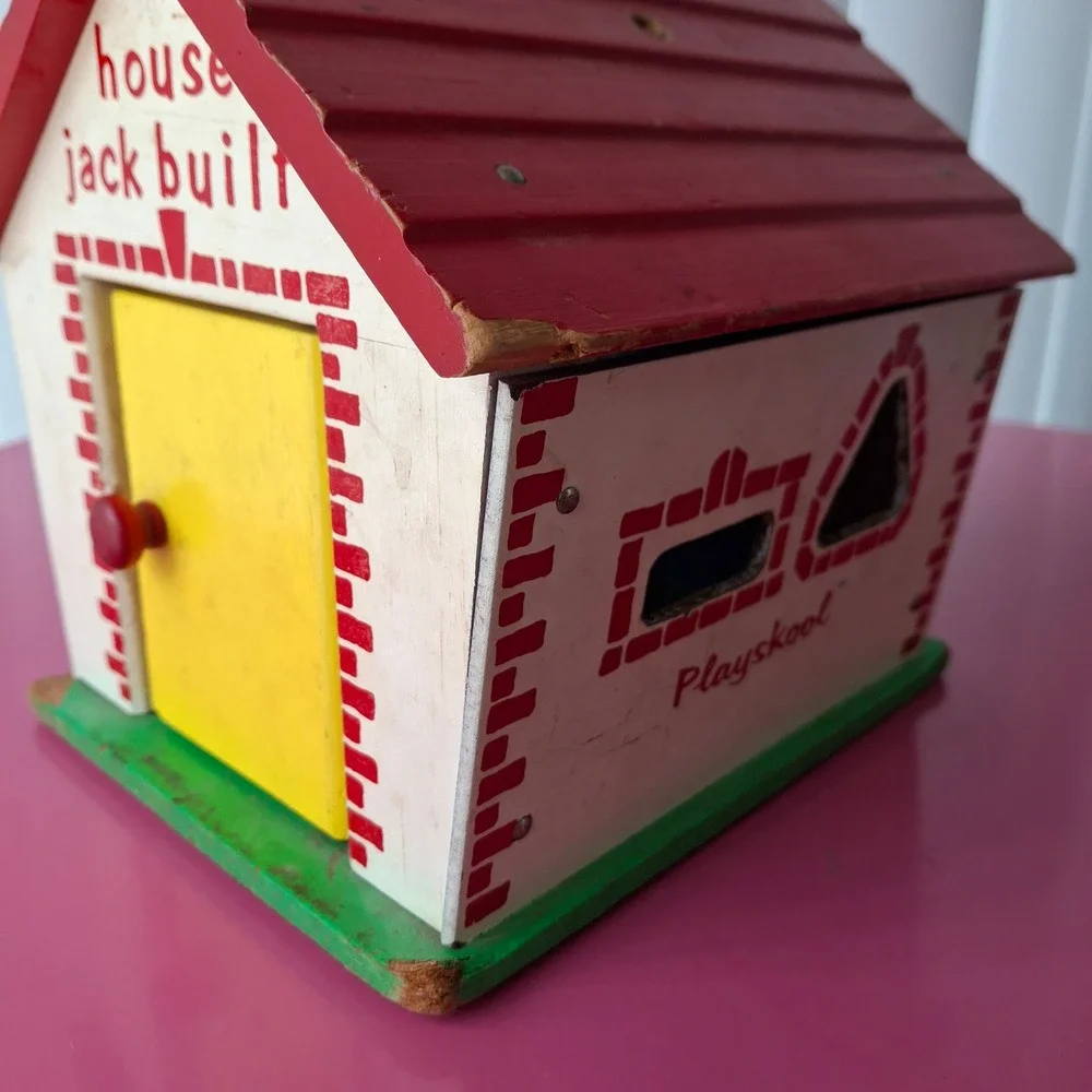 Vintage Playskool The House Jack Built Wooden Toy Shape Sorter House Mid Century